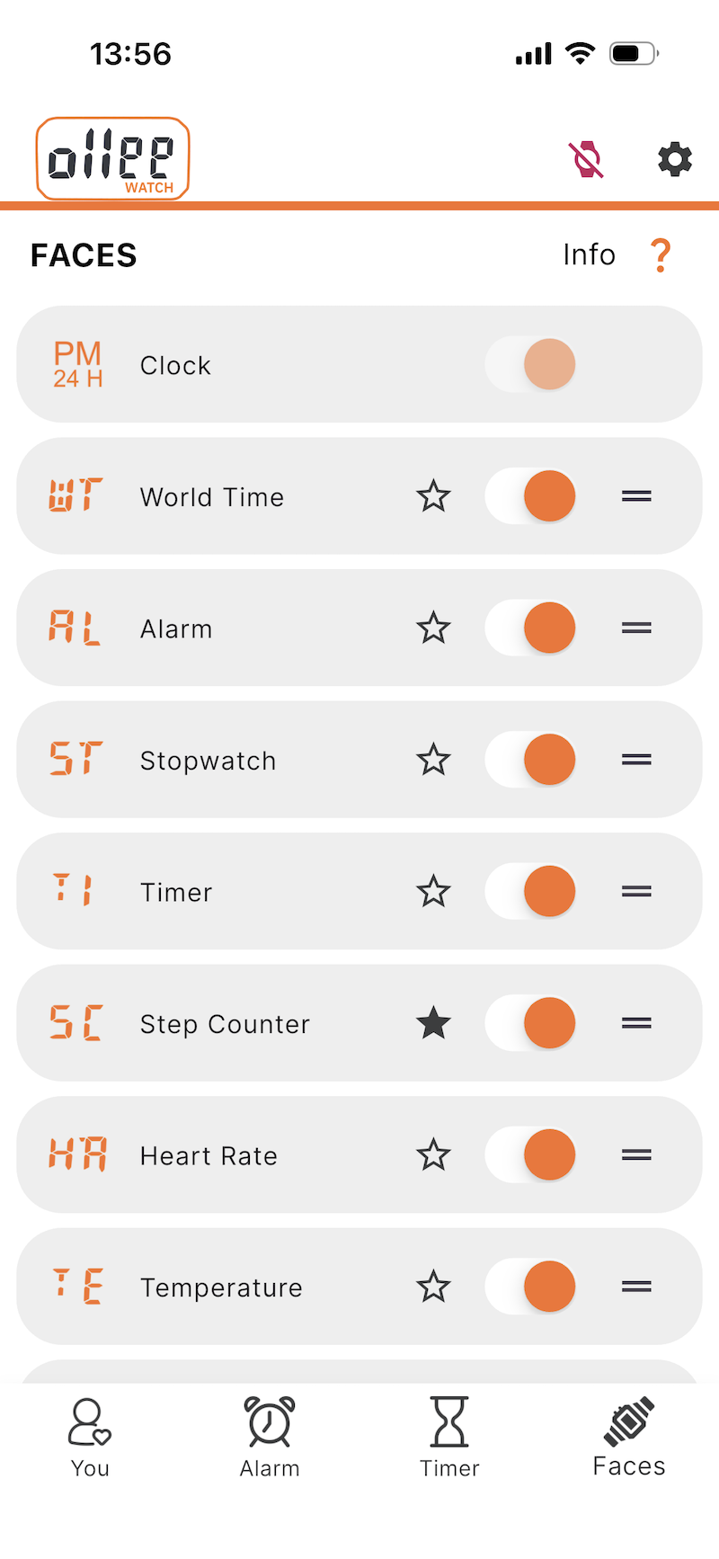 Ollee Watch iOS aplikácia - nastavenie faces