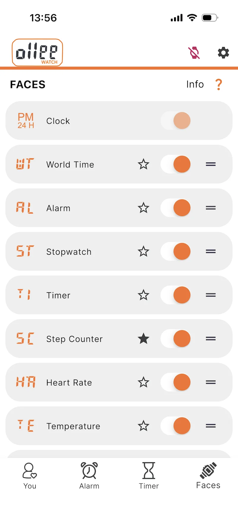 Ollee Watch iOS aplikácia - nastavenie faces